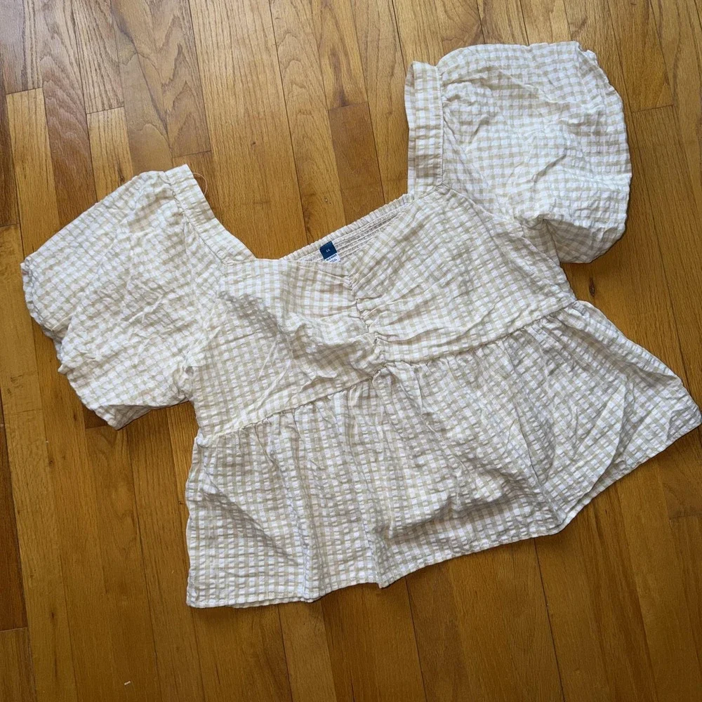 Old Navy Top 3X Beige Gingham Puff Sleeve Square Neck Peplum Cottage Boho Cotton